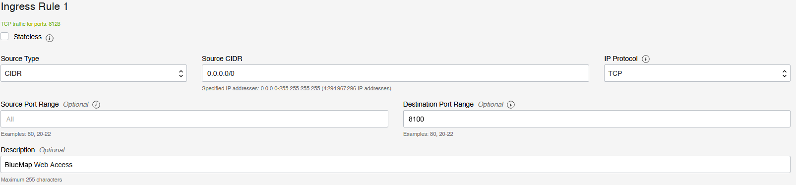 Screenshot of the rule configuration for port opening of BlueMap