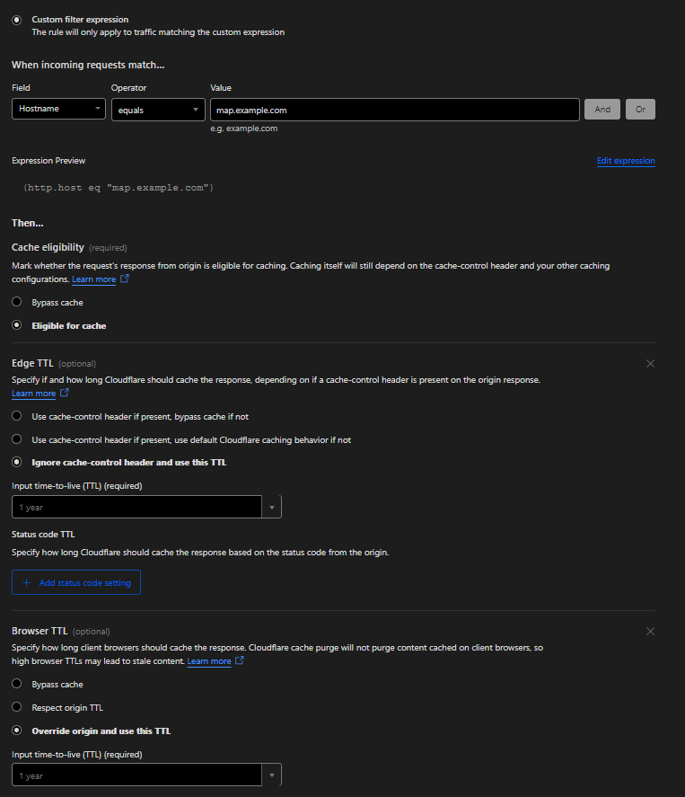 Screenshot of the Cache rule in Cloudflare