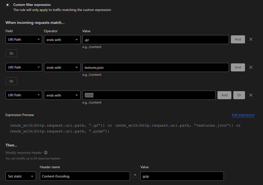 Screenshot of the Content-Encoding rule in Cloudflare